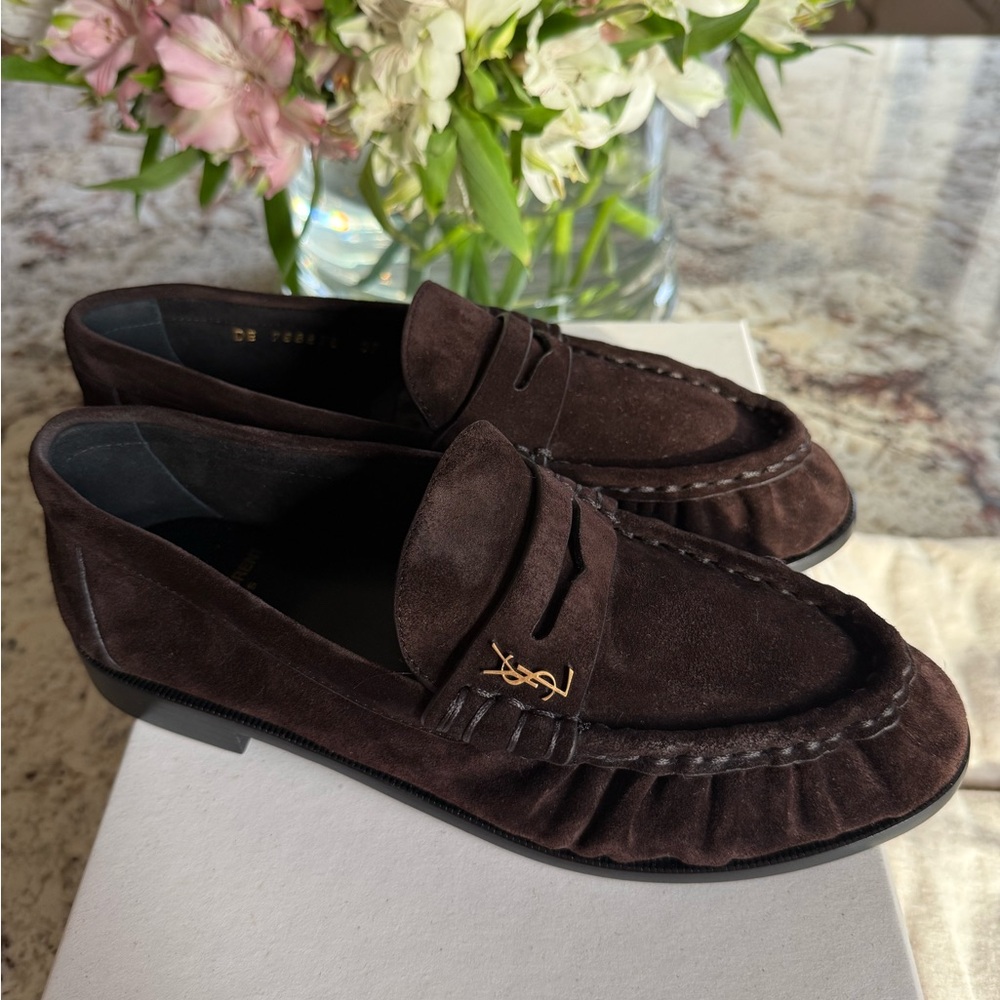 Saint Laurent YSL Le Loafer Cassandre Penny Loafers in Brown Suede - Size 37
